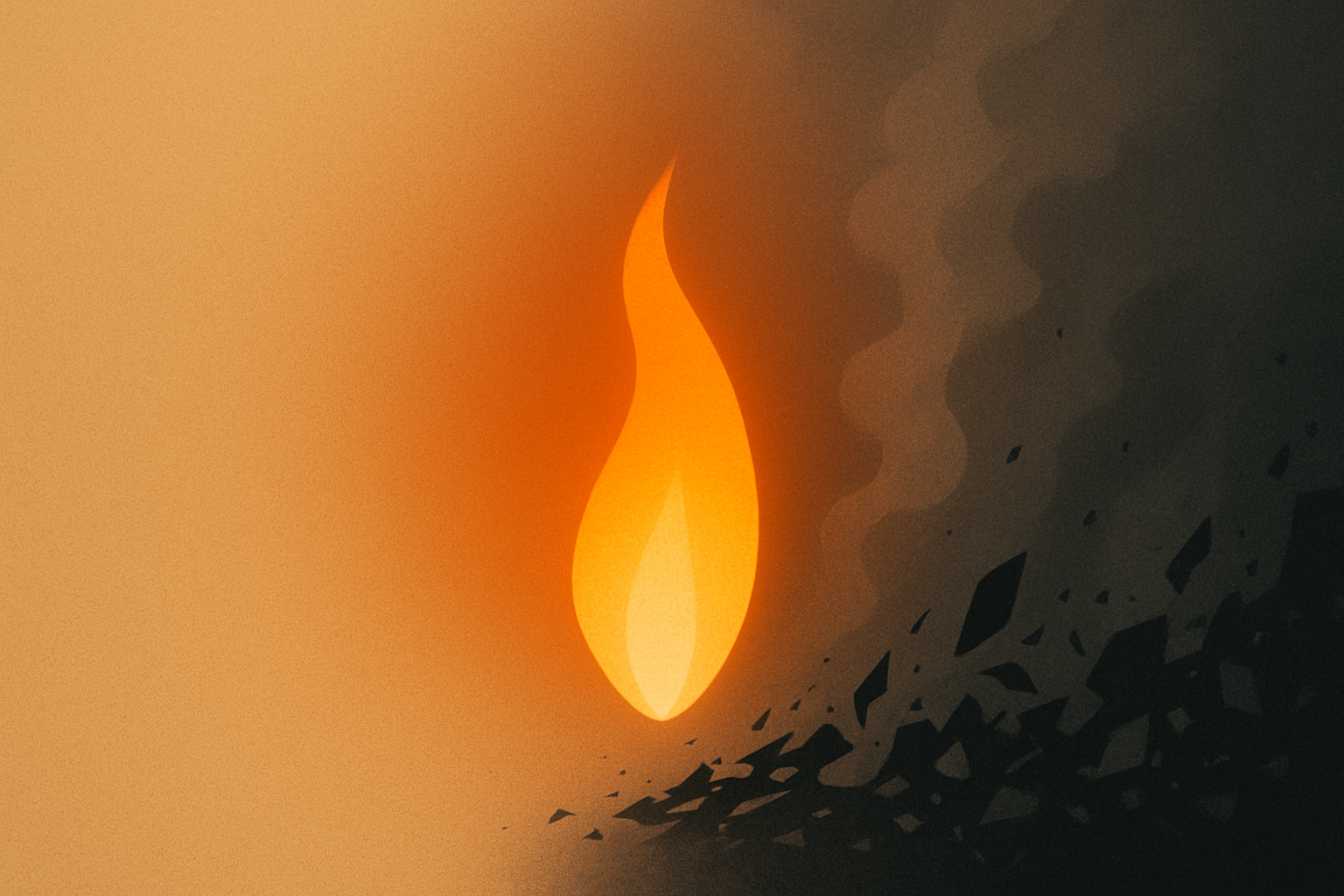 A glowing flame suspended between order and chaos, symbolising antifragility