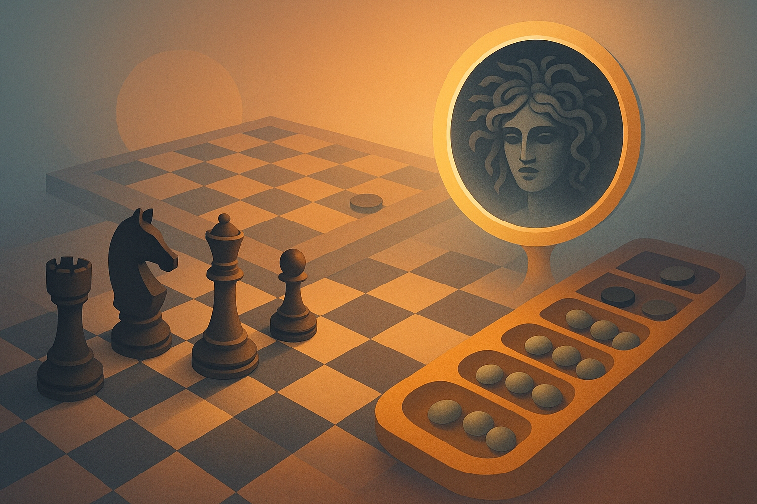 A surreal composition merging a chessboard, an awale board, and the mythic gaze of Medusa reflected in a mirror of light