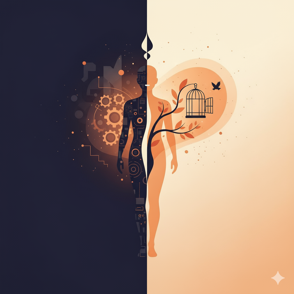 A human silhouette between shadow and light symbolizing reflex and awareness