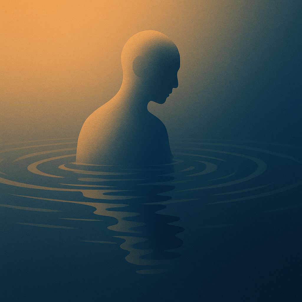 A minimalist depiction of a dissolving human silhouette merging with rippling water, symbolizing the Buddhist concept of no-self.