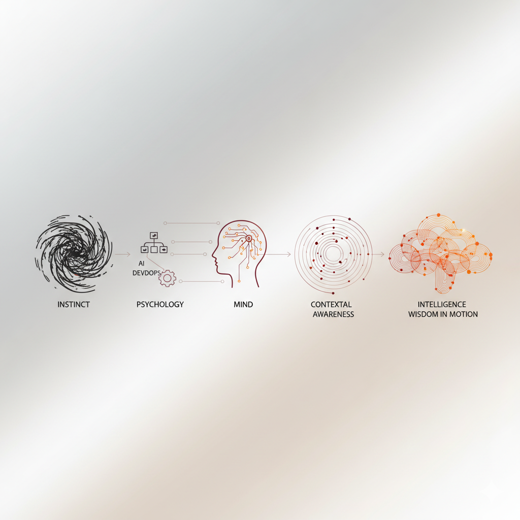 A symbolic gradient evolution from instinct to intelligence, representing the flow of awareness through context