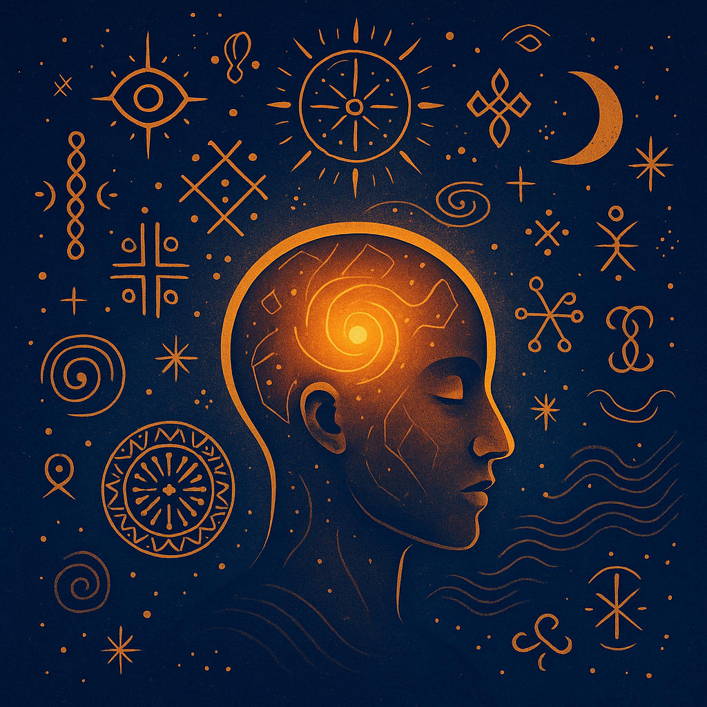 A luminous Ori (head) surrounded by cosmic symbols and Yoruba divination motifs, symbolizing destiny and divine choice.