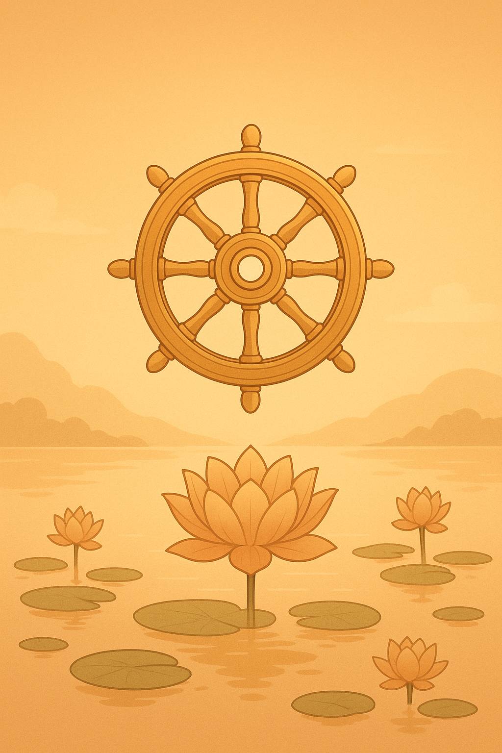A golden wheel turning in stillness above a lotus pond, symbolizing karma and the Buddhist cycle of becoming.