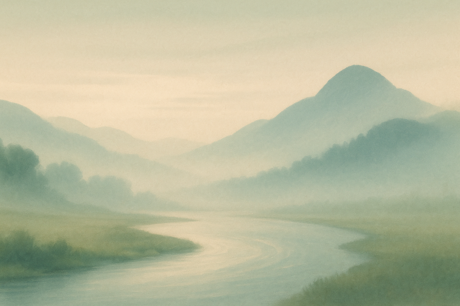 A serene flowing river under soft mist, symbolizing the natural unfolding of the Dao.