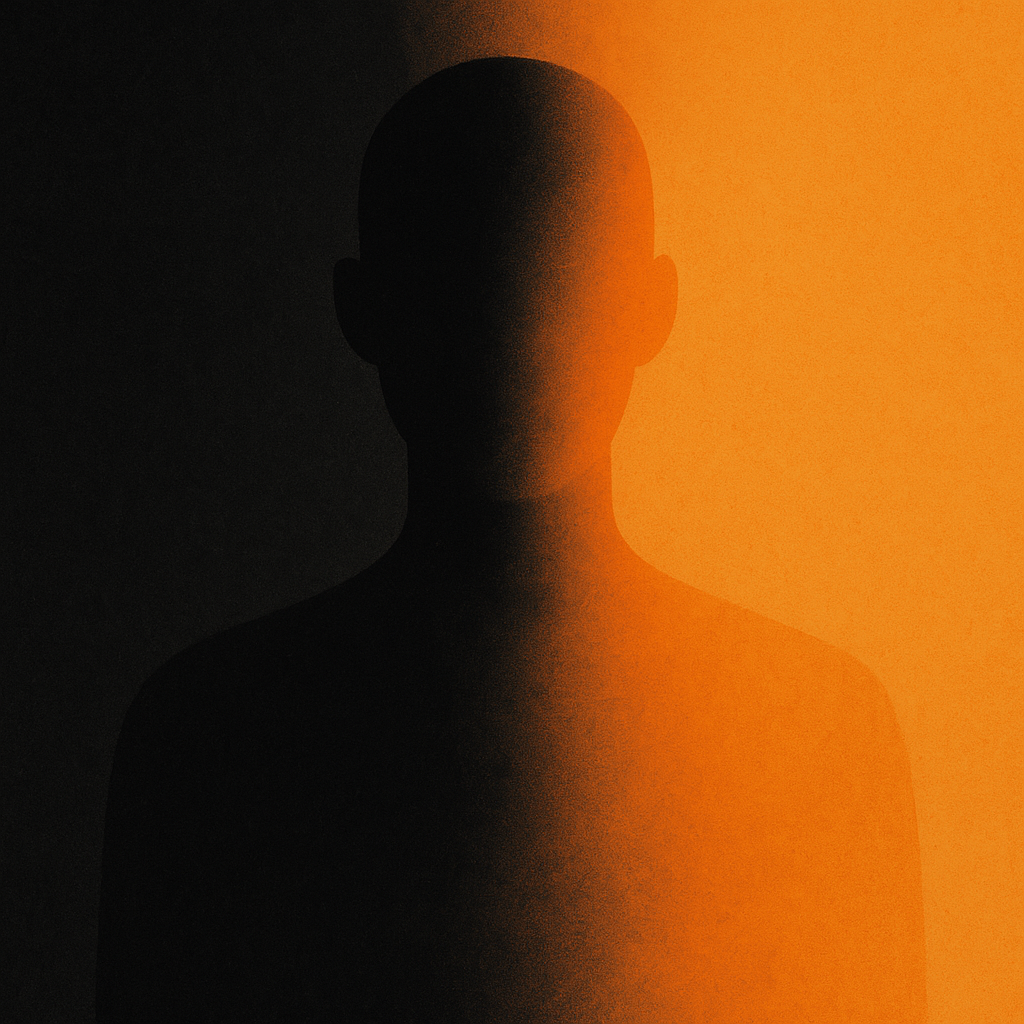 A faceless figure dissolving between shadow and light, symbolising social death and inner exposure
