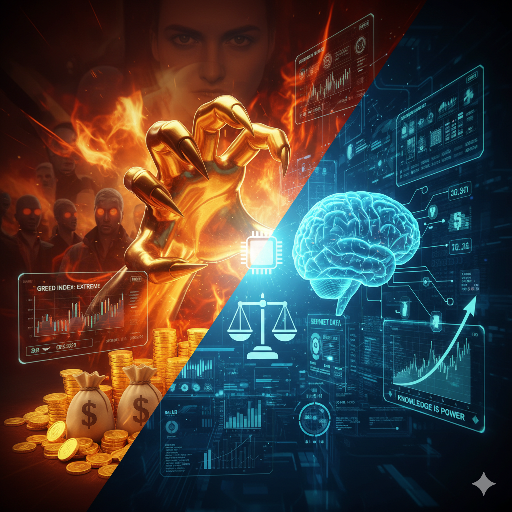 A balance between greed and information symbolized by a glowing brain and a golden coin