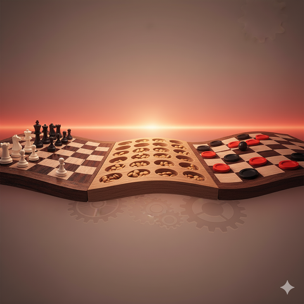 Symbolic composition of chess, checkers, and awale boards merging into one, representing endurance and balance