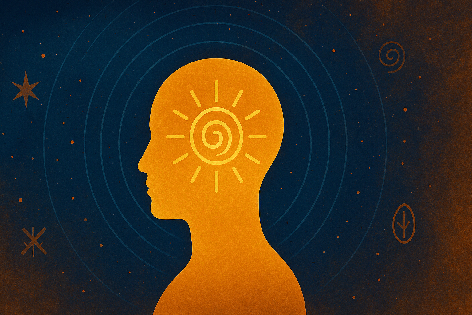 A minimalist depiction of Ori and destiny — a golden head surrounded by cosmic patterns and ancestral symbols