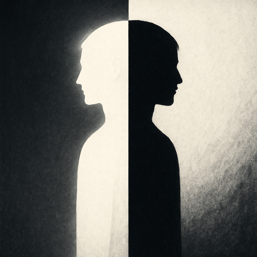 A mirrored figure of light and shadow symbolizing biblical paradox