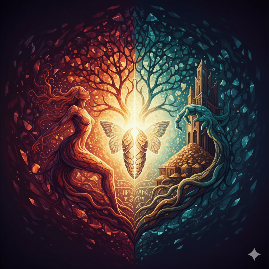 Two mirrored figures dissolving into light and shadow, symbolizing lust and greed transforming into growth