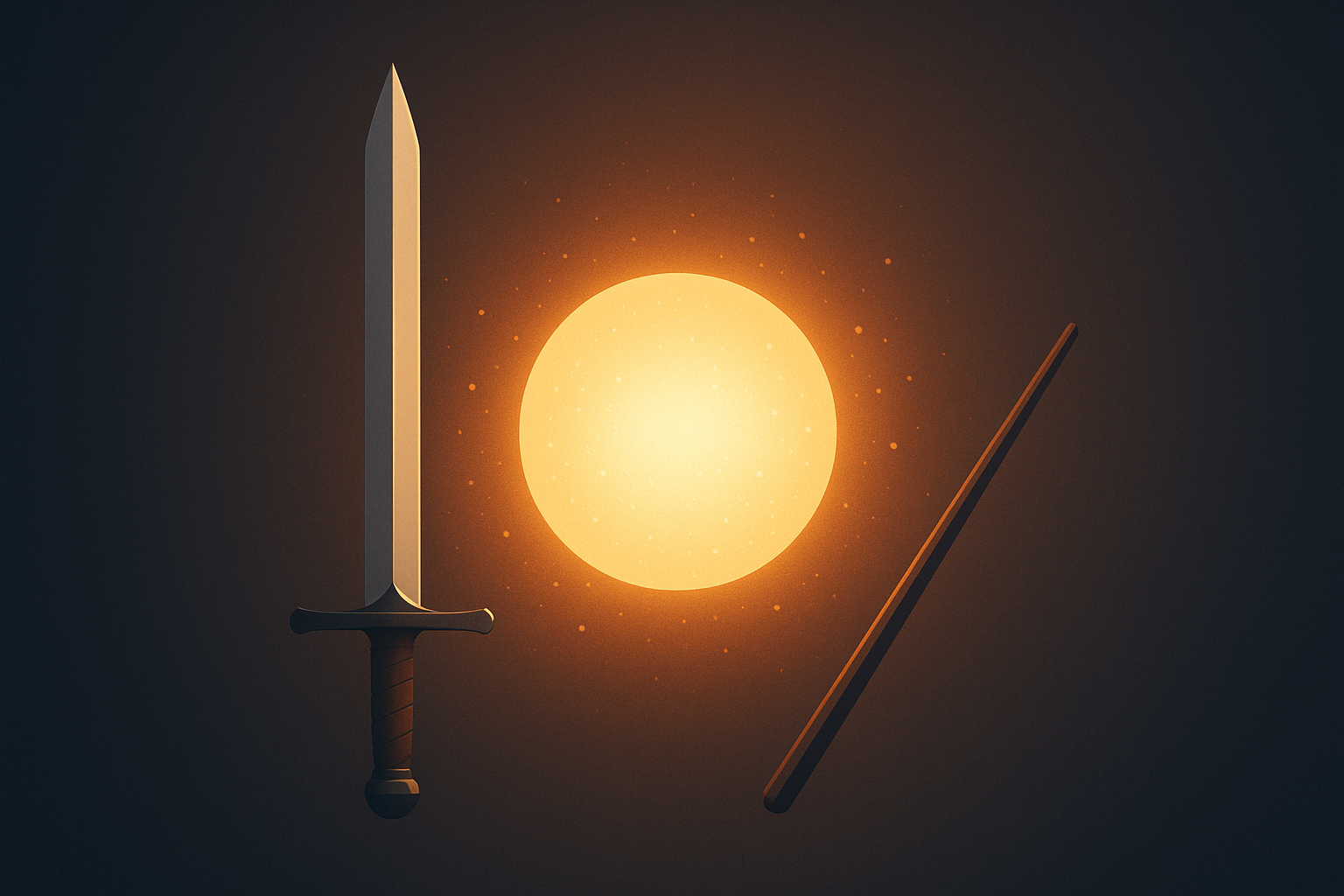 A glowing orb of light hovering between a sword and a wand, symbolising the balance of might and magic