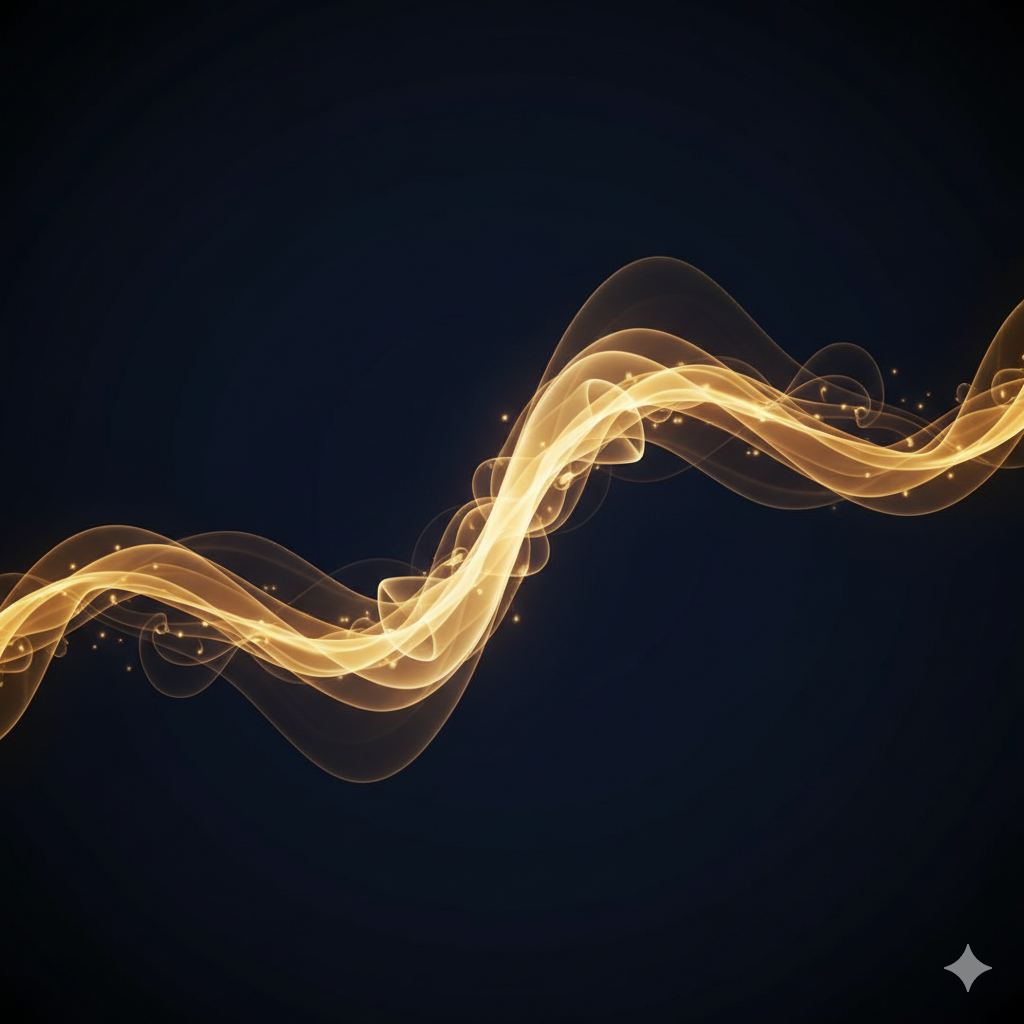 Abstract waves of golden sound and shadow, symbolising vibration as the essence of being.