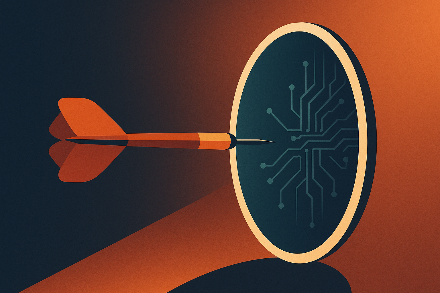 A dart in flight reflecting off a circular mirror with digital light patterns, symbolizing intelligence and perception.