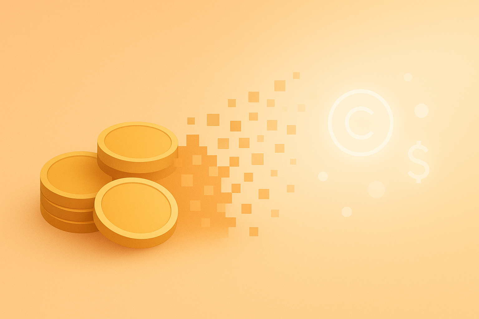 Abstract representation of coins and symbols dissolving into light, symbolising the evolution of value and trust