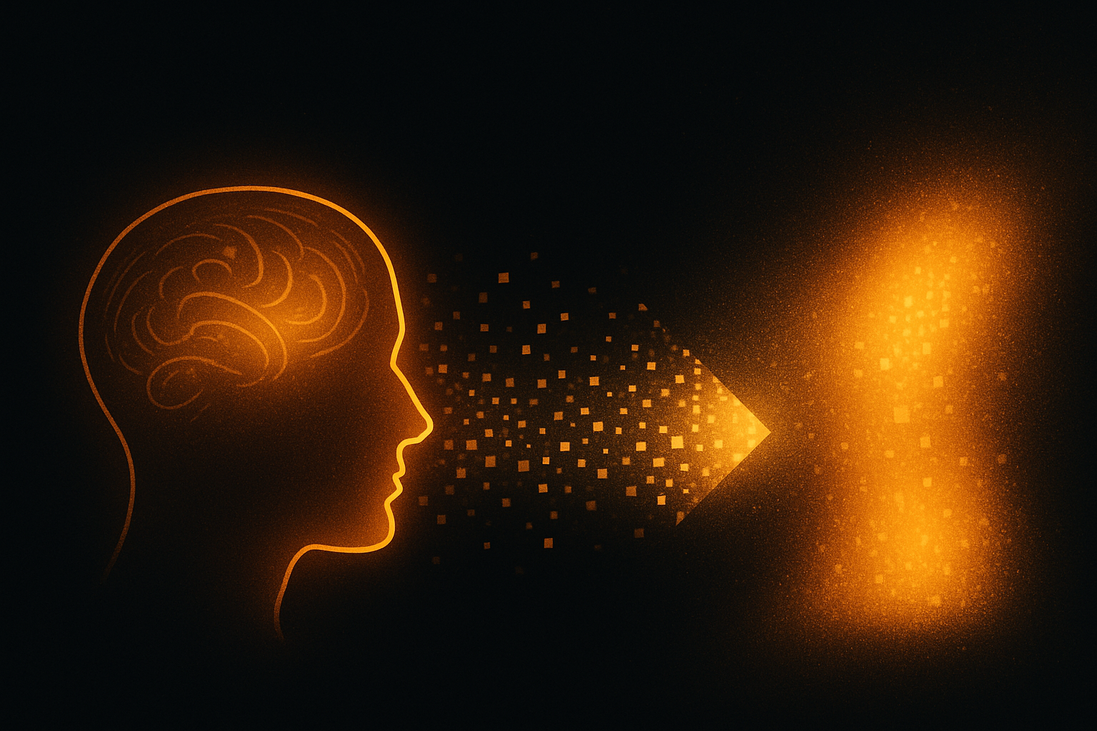 Abstract representation of a glowing mind turning into pixels and light