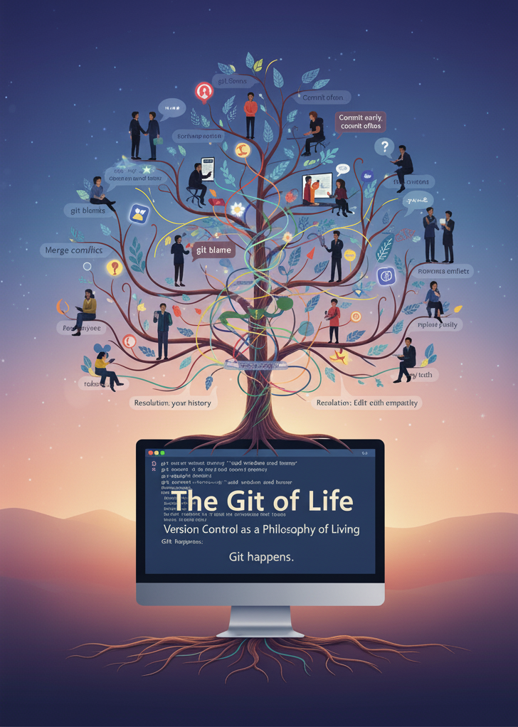 A humorous philosophical metaphor showing Git branches and human lives merging
