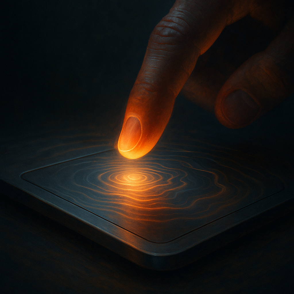 A surreal glowing fingertip hovering above a metallic touchpad with rippling electric waves