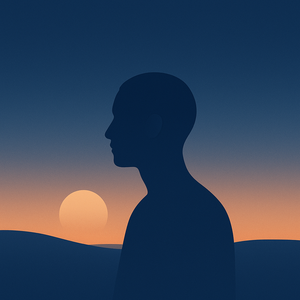 A soft sunrise silhouette of a person looking toward the horizon, symbolizing identity and divine reflection.