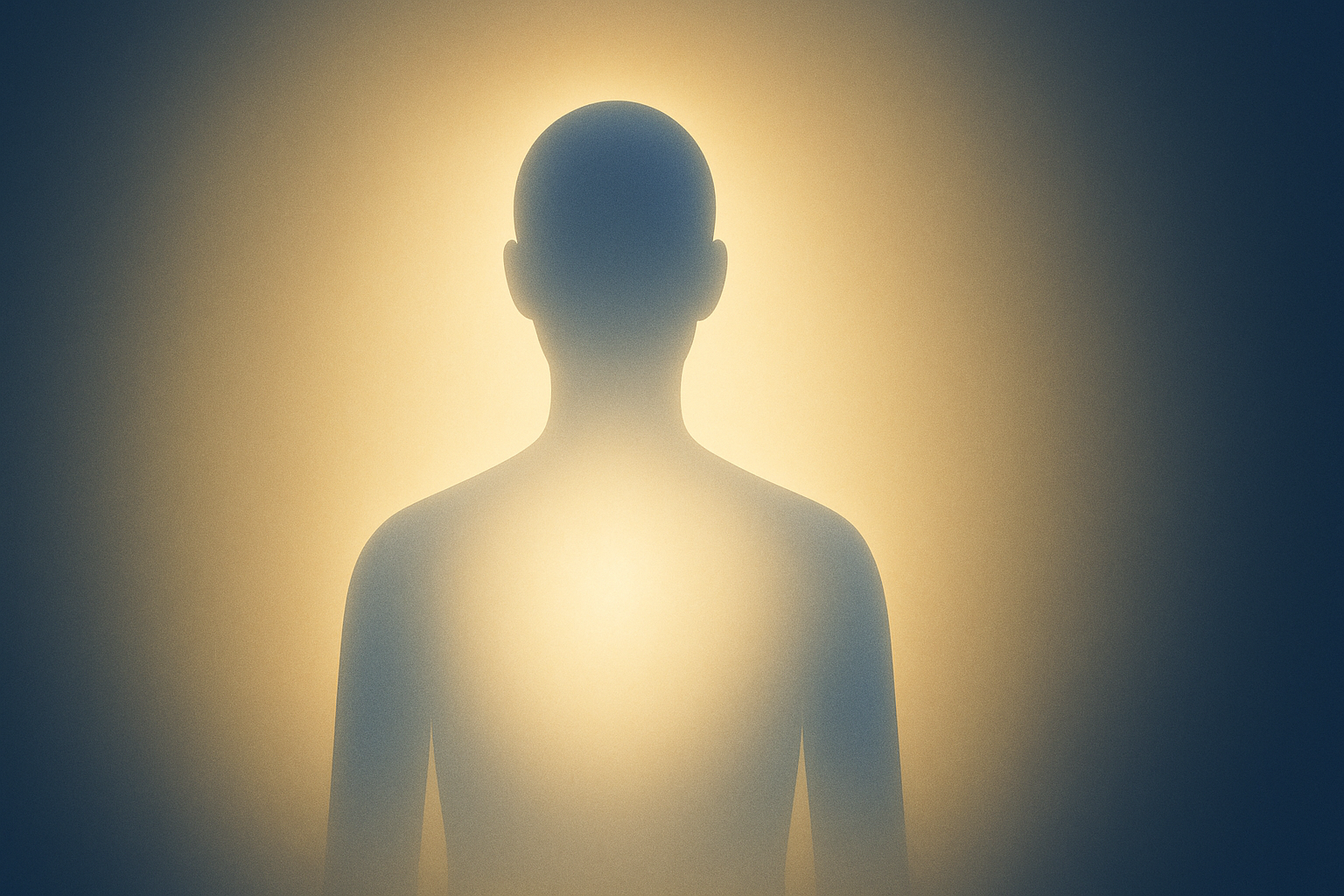 A minimalist depiction of a human silhouette dissolving into divine light, symbolizing the journey from God and to God.