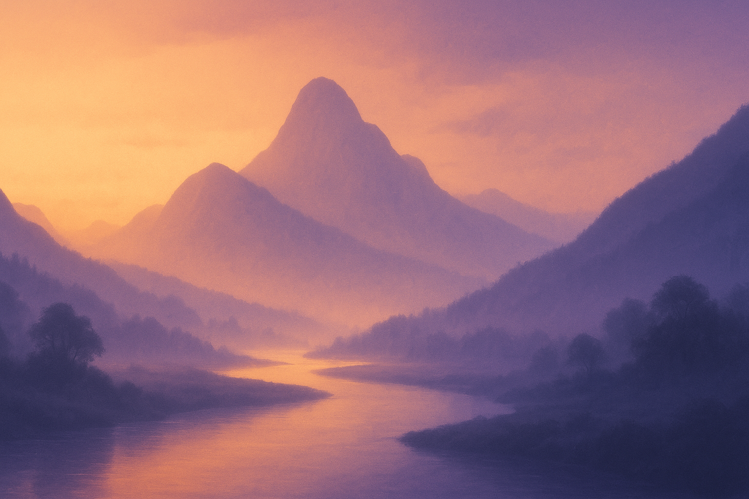 Flowing river surrounded by misty mountains symbolizing forgiveness and harmony