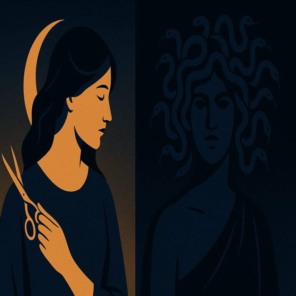Delilah and Medusa — one with scissors, the other with serpents, facing opposite directions under a shared golden light, representing desire and fear as twin mirrors of the feminine archetype.