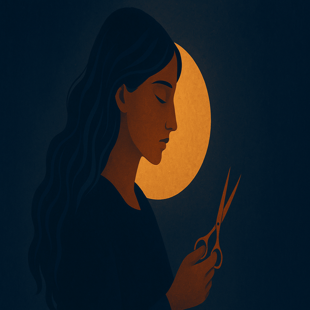 A serene, shadowed portrait of Delilah illuminated by soft lunar light, scissors glinting faintly, symbolizing the quiet power of temptation and reflection.