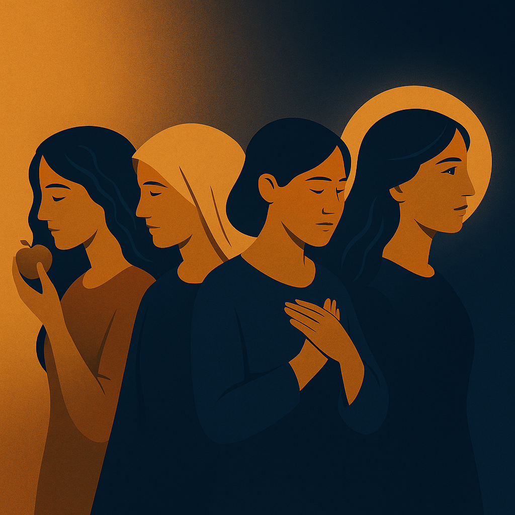 A symbolic portrait collage of biblical women — Eve, Mary, Esther, and Sophia — depicted in minimalist light and shadow, representing the evolution of feminine wisdom.
