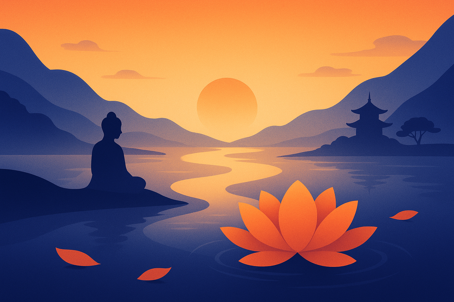 Serene Buddhist landscape with lotus flowers, sunrise, and mountains symbolizing forgiveness and inner peace