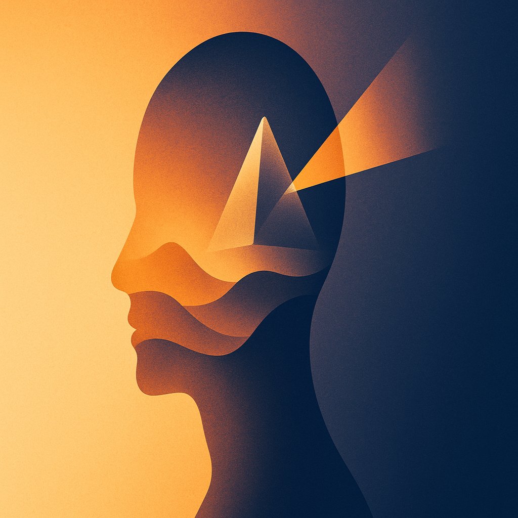 Layered human silhouette merging into a landscape and prism of light, symbolizing the integration of identity, mentality, and mindset