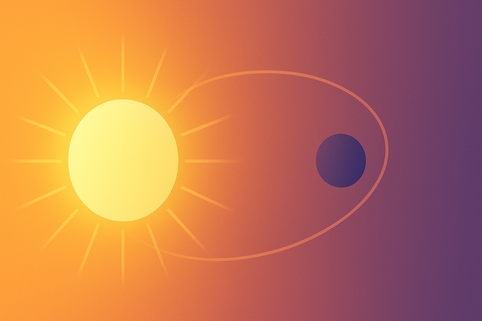 A radiant sun and a gravitational orbit intertwining, symbolising the metaphysical relationship between joy and love.