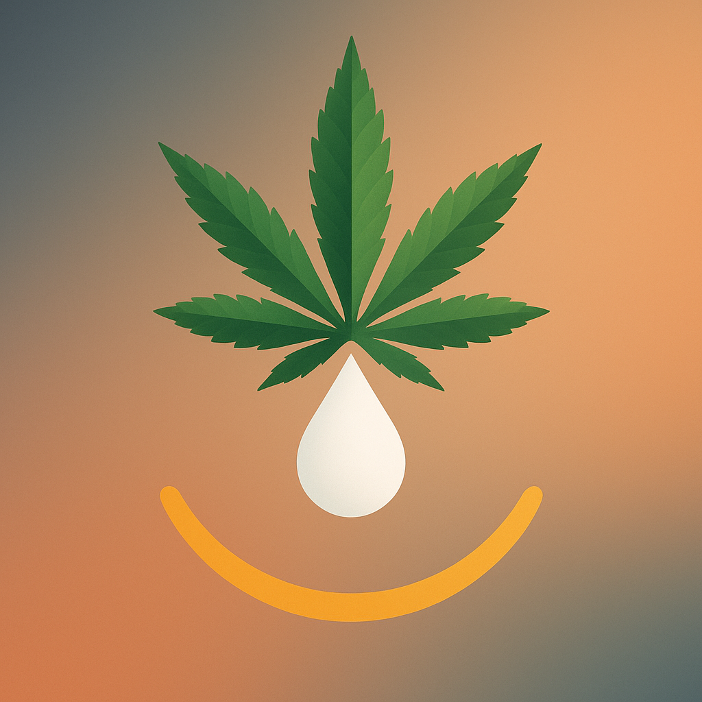 A stylized marijuana leaf morphing into a droplet of milk and a golden smile curve.