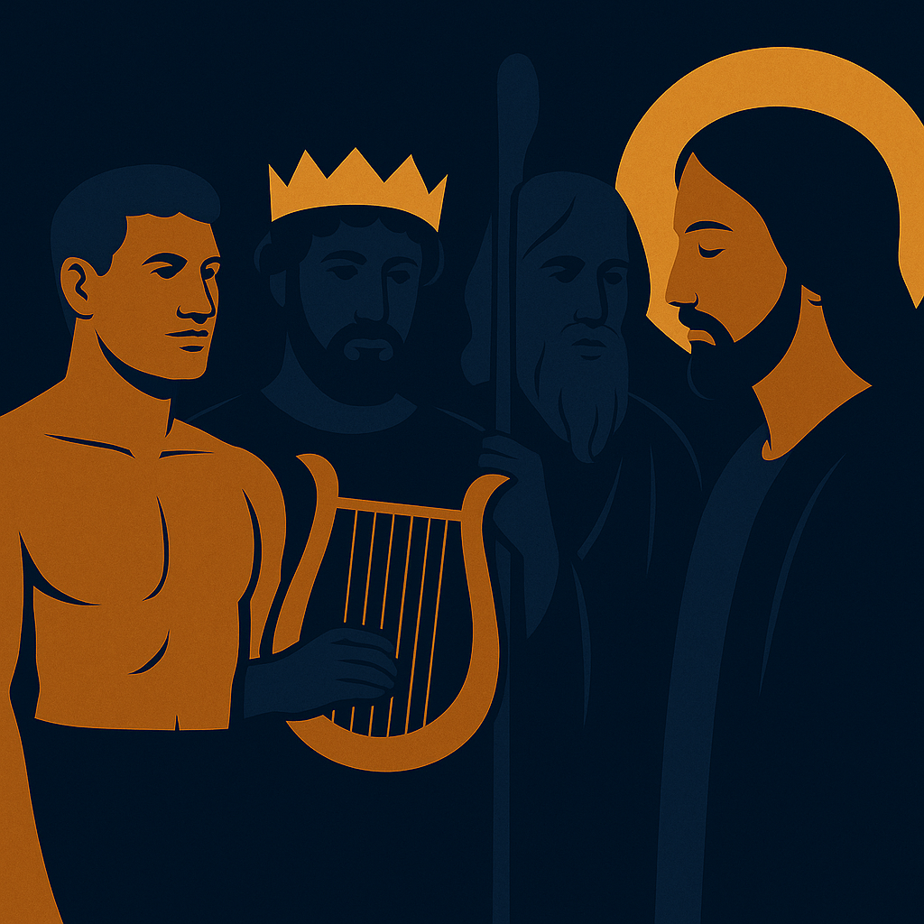 A symbolic composition of Adam, David, Moses, and Christ rendered in minimalist light and shadow — representing the masculine evolution from strength to consciousness.