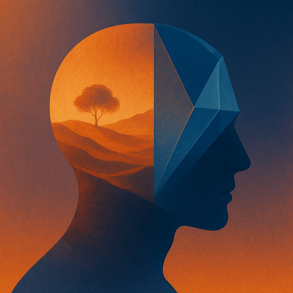 Dual landscape of a human mind — one side structured and focused, the other fluid and organic — symbolizing mindset versus mentality