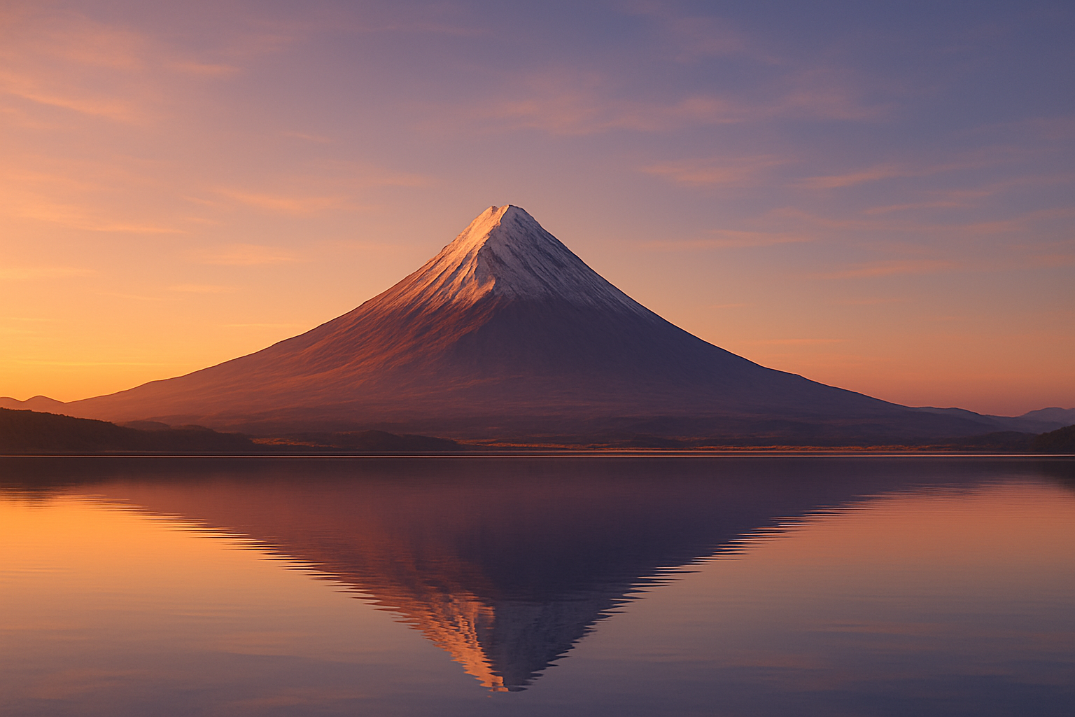 A solitary mountain peak reflecting in calm water under dawn light, symbolizing ascent and reflection.