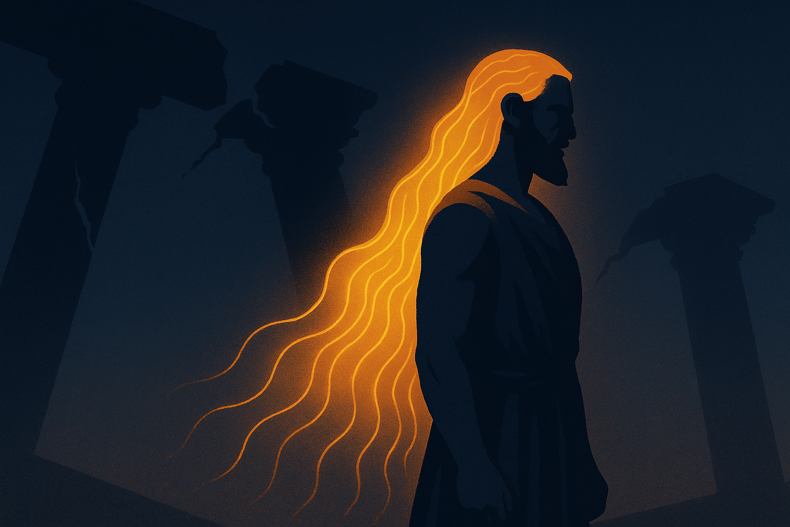 Samson standing in dim light, his long hair illuminated like a current of divine power, symbolizing strength and surrender.