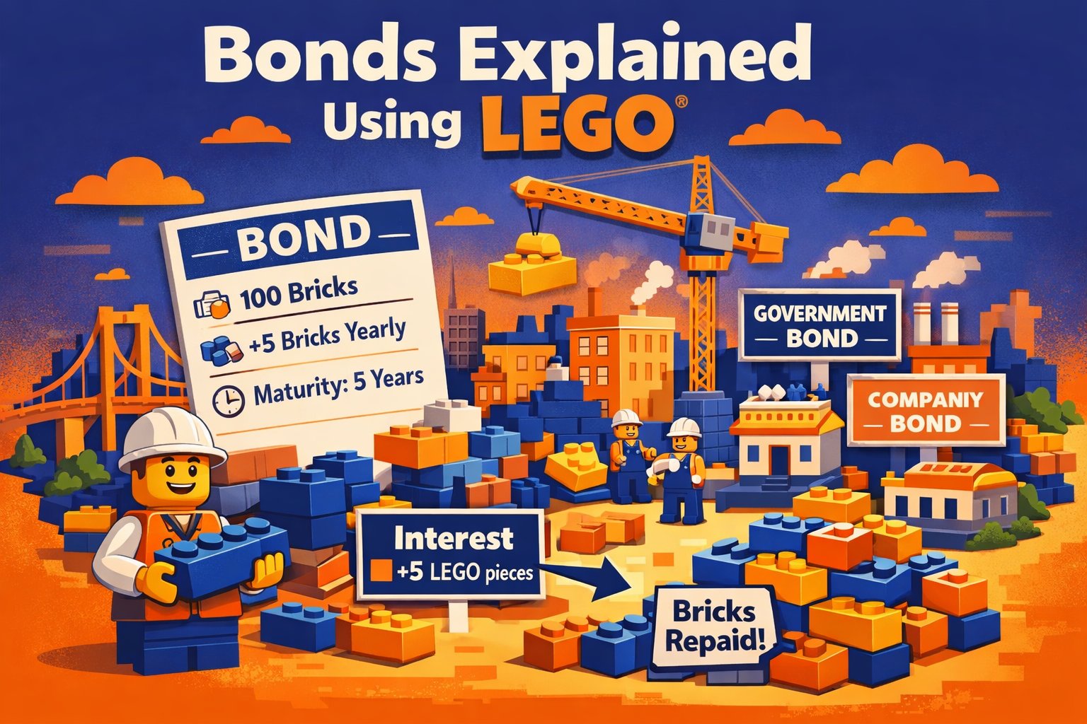 LEGO bricks arranged into a city representing financial bonds and long-term investment